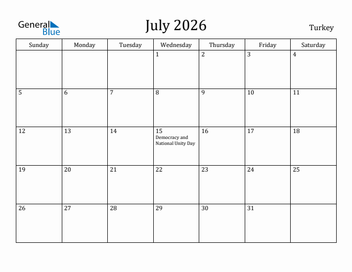 July 2026 Calendar Turkey