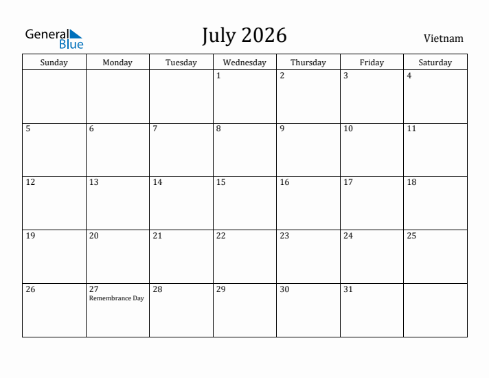 July 2026 Calendar Vietnam