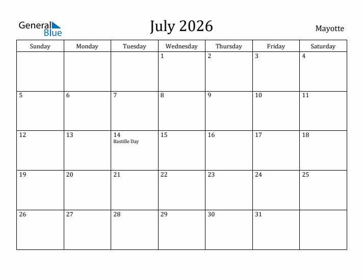 July 2026 Calendar Mayotte