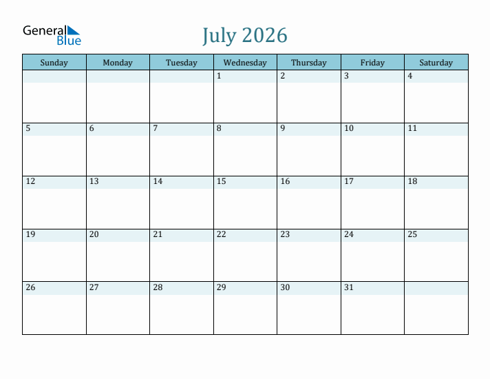 July 2026 Printable Calendar