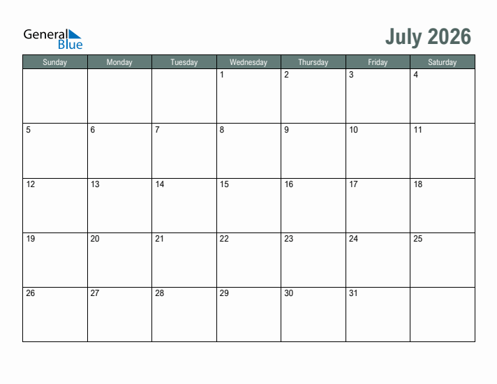 Free Printable July 2026 Calendar
