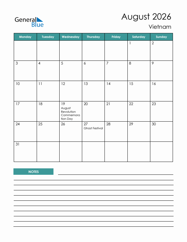 Calendar with Notes Printable - Monday Start