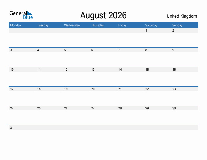 Fillable August 2026 Calendar