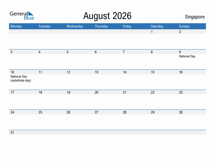 Editable August 2026 Calendar with Singapore Holidays