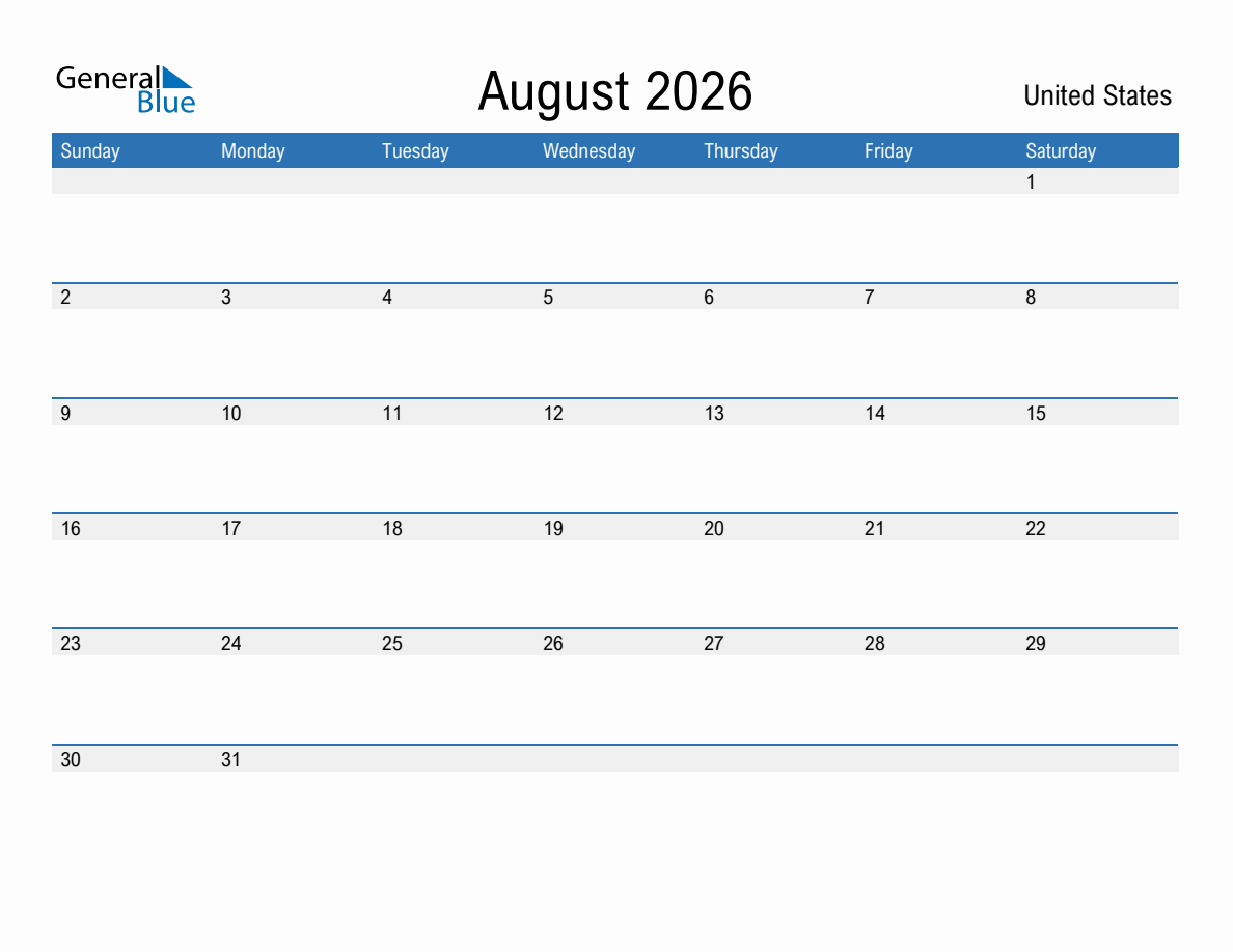 August 2026 Monthly Calendar with United States Holidays