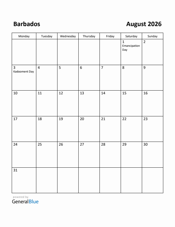 August 2026 Calendar with Barbados Holidays