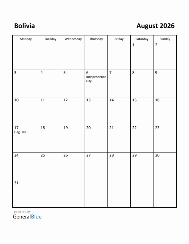 August 2026 Calendar with Bolivia Holidays