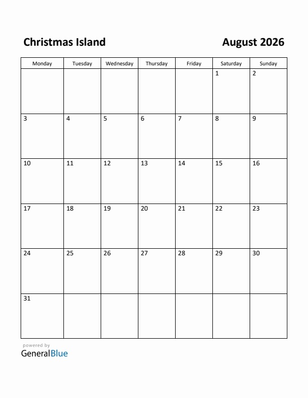 August 2026 Calendar with Christmas Island Holidays