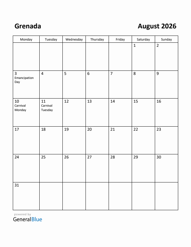 August 2026 Calendar with Grenada Holidays
