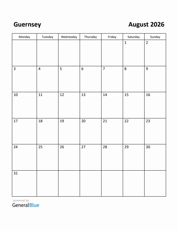 August 2026 Calendar with Guernsey Holidays