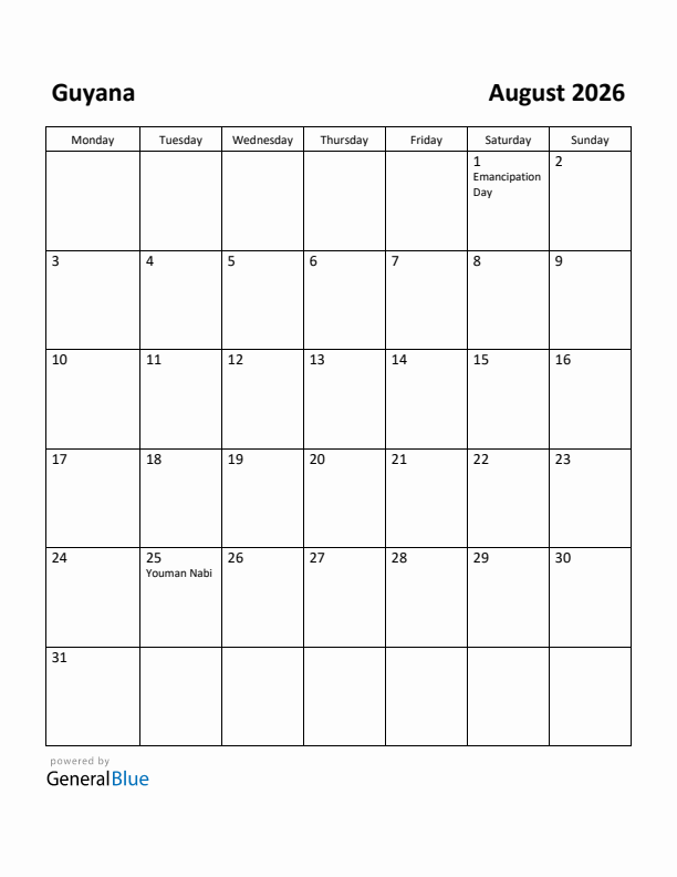 August 2026 Calendar with Guyana Holidays