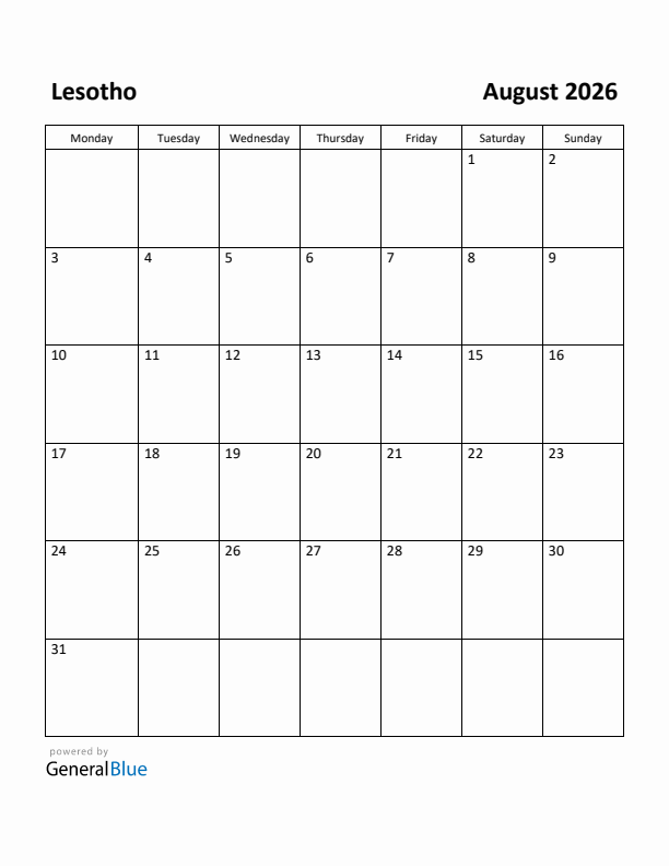 August 2026 Calendar with Lesotho Holidays