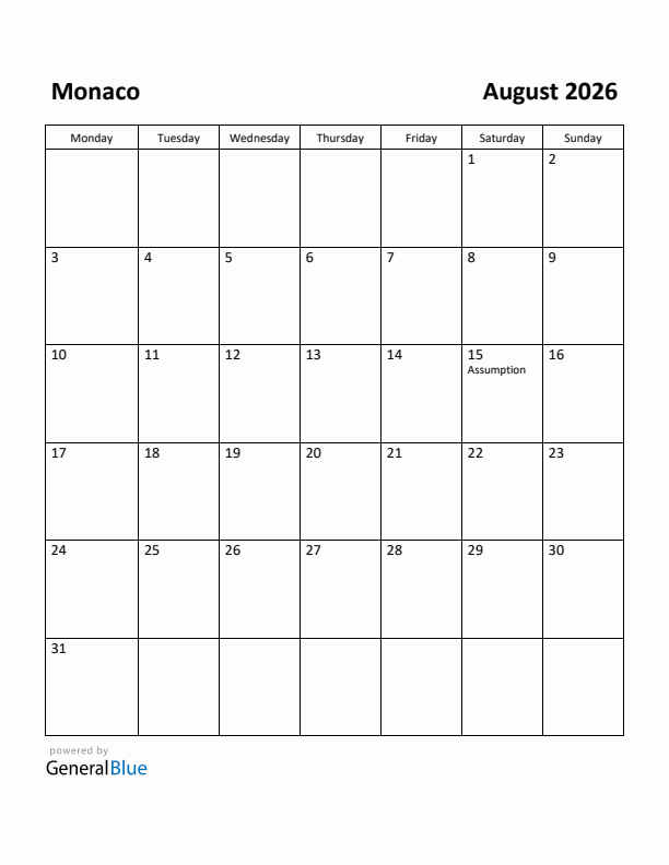 August 2026 Calendar with Monaco Holidays