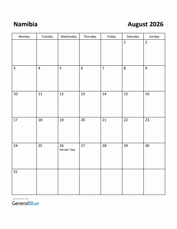 August 2026 Calendar with Namibia Holidays