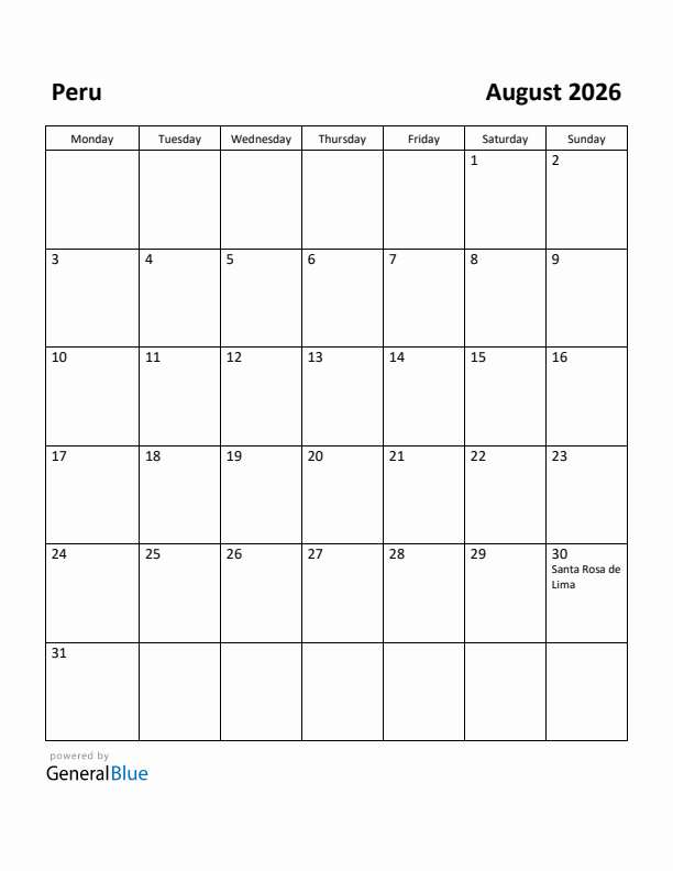 August 2026 Calendar with Peru Holidays