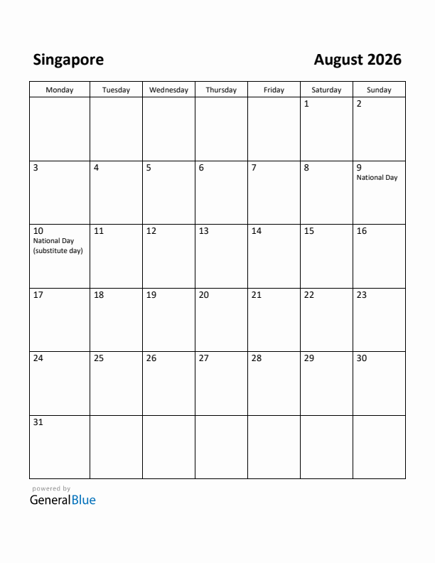 August 2026 Calendar with Singapore Holidays