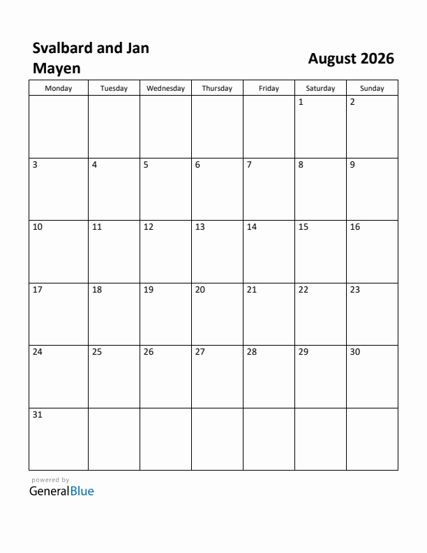 August 2026 Calendar with Svalbard and Jan Mayen Holidays