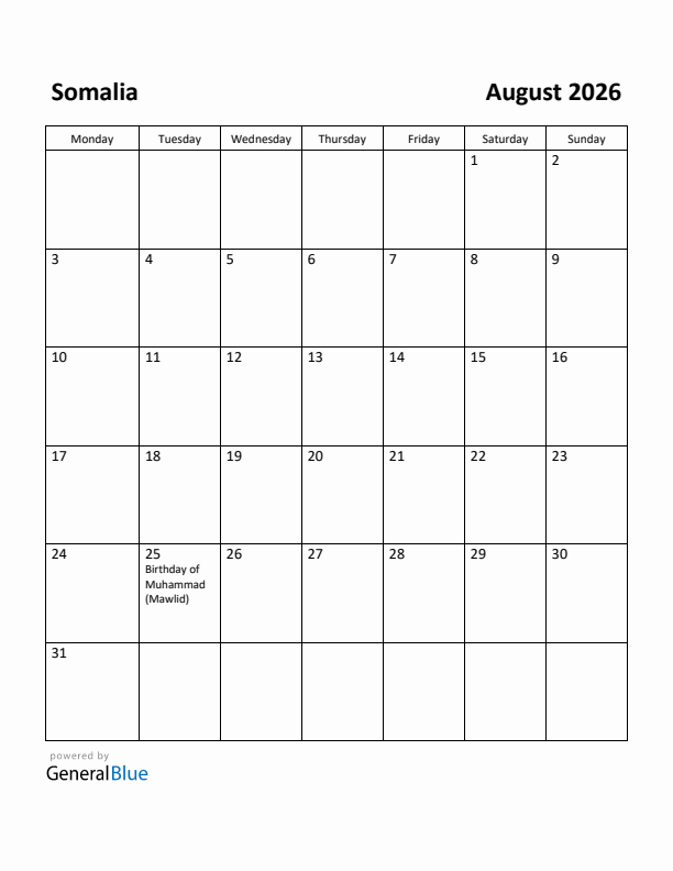 August 2026 Calendar with Somalia Holidays