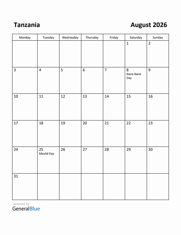 August 2026 Calendar with Tanzania Holidays