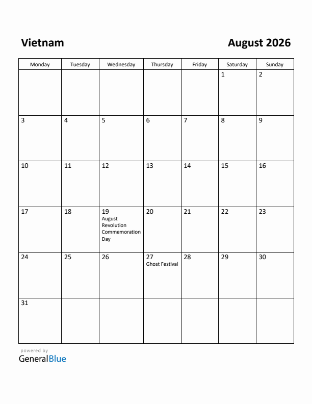 August 2026 Calendar with Vietnam Holidays