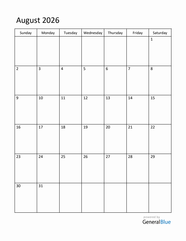 Sunday Start Calendar for August 2026