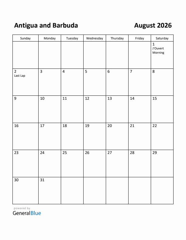 August 2026 Calendar with Antigua and Barbuda Holidays