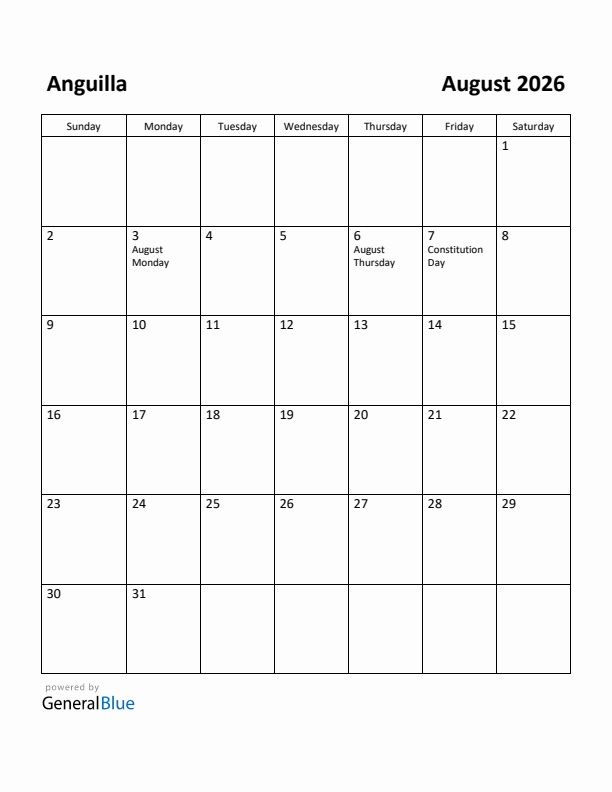 August 2026 Calendar with Anguilla Holidays