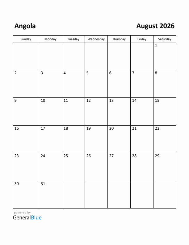 August 2026 Calendar with Angola Holidays