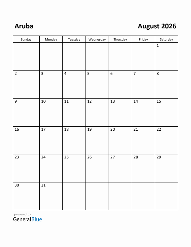 August 2026 Calendar with Aruba Holidays