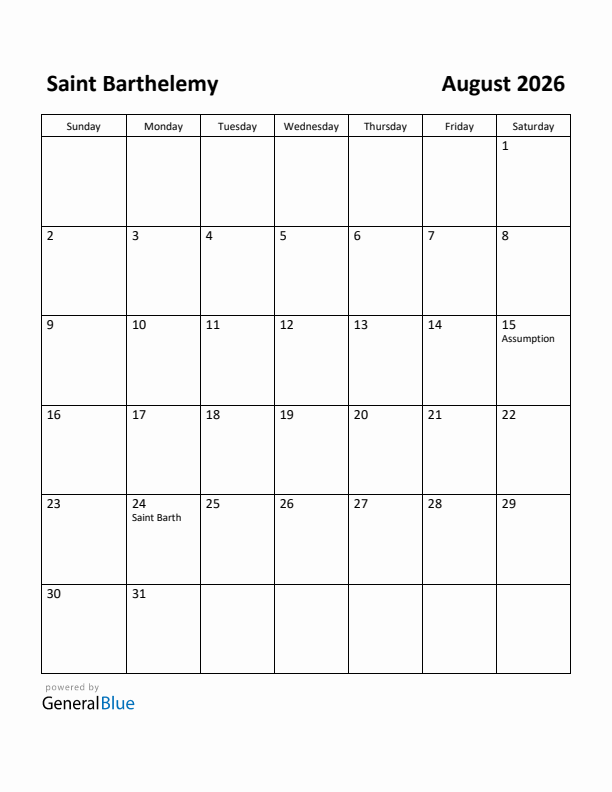 August 2026 Calendar with Saint Barthelemy Holidays