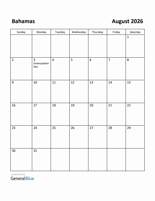 August 2026 Calendar with Bahamas Holidays