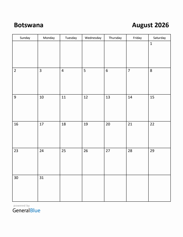 August 2026 Calendar with Botswana Holidays
