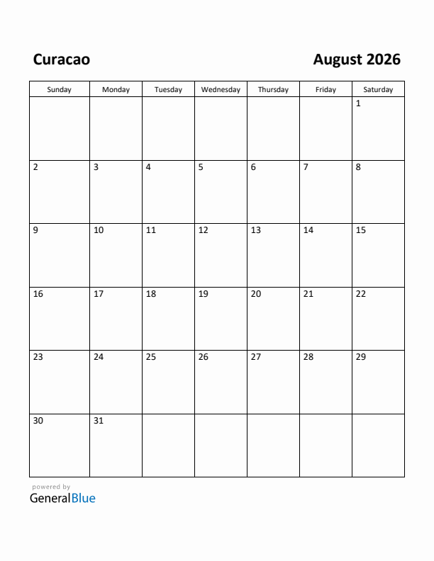 August 2026 Calendar with Curacao Holidays