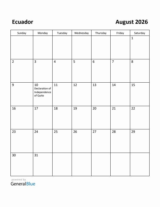 August 2026 Calendar with Ecuador Holidays