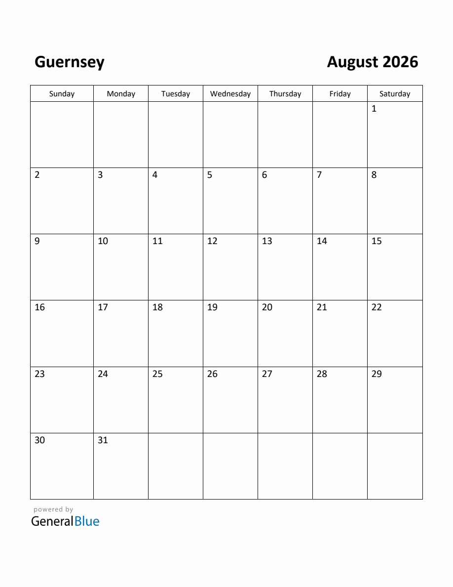 Free Printable August 2026 Calendar For Guernsey