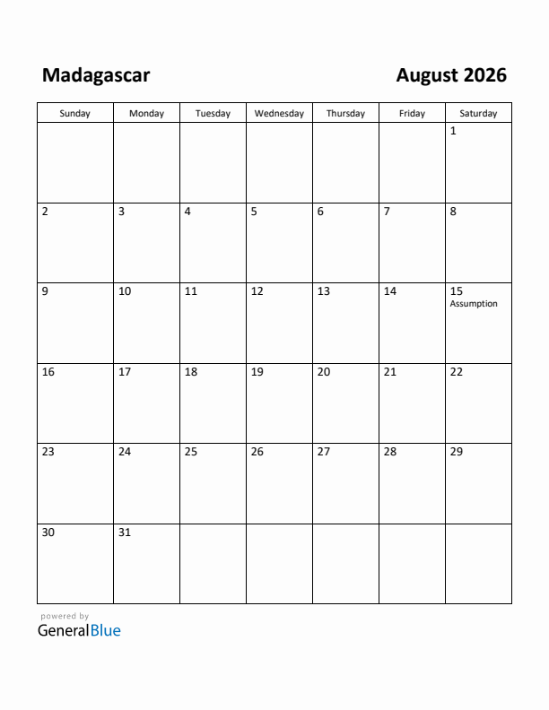 August 2026 Calendar with Madagascar Holidays