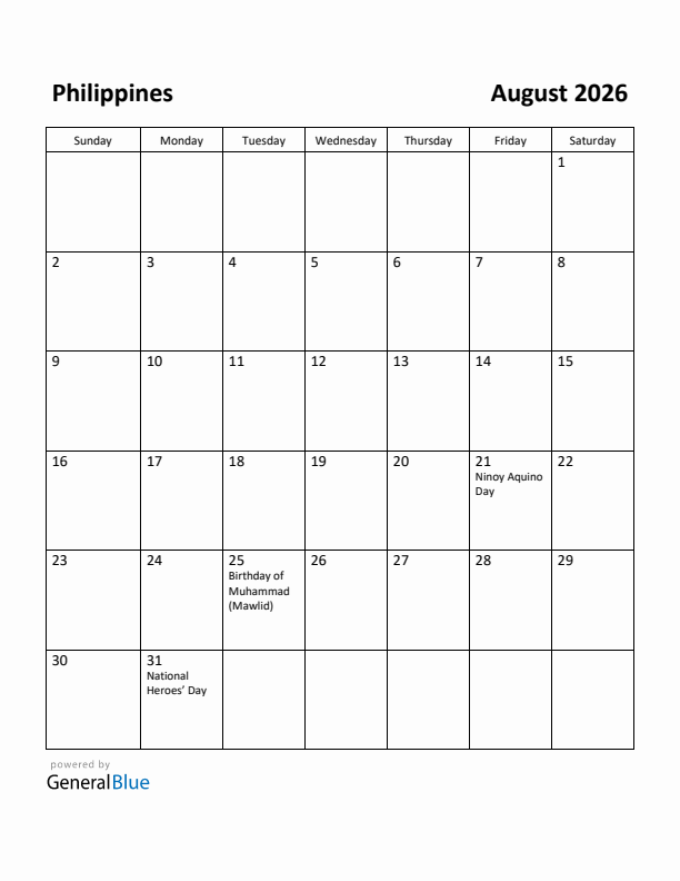 August 2026 Calendar with Philippines Holidays