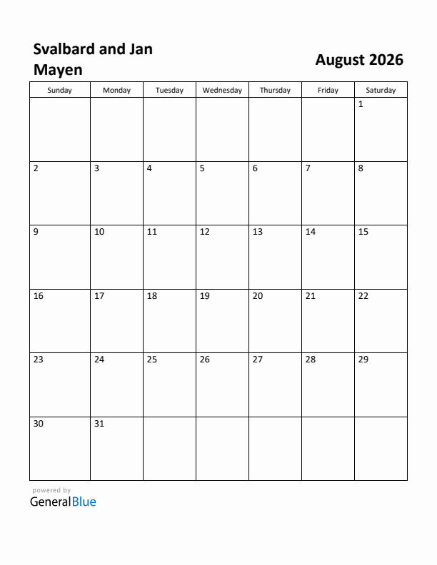 August 2026 Calendar with Svalbard and Jan Mayen Holidays