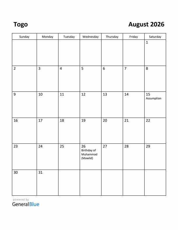 August 2026 Calendar with Togo Holidays