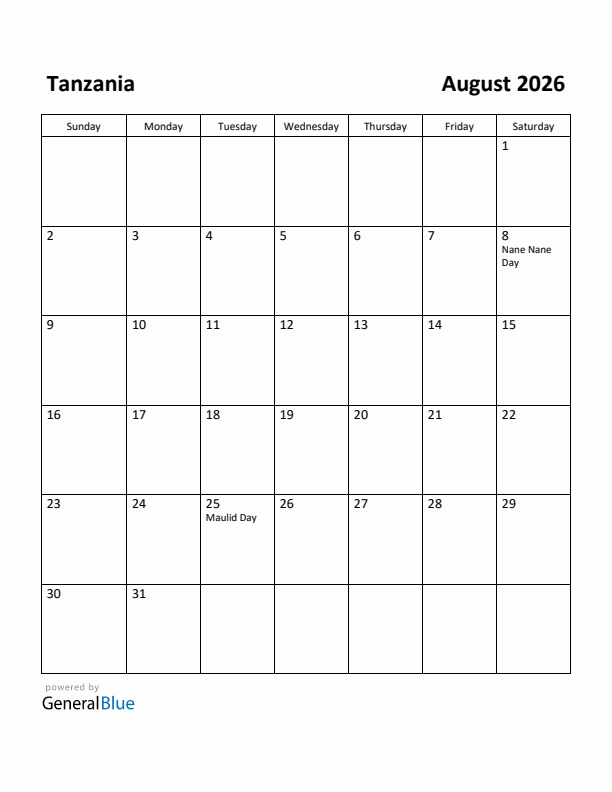 August 2026 Calendar with Tanzania Holidays