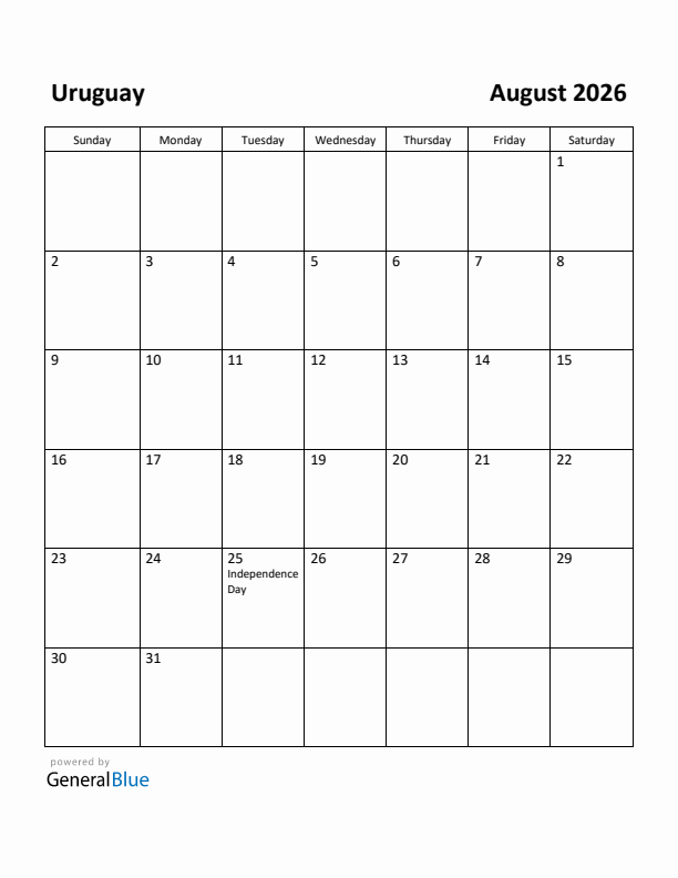 August 2026 Calendar with Uruguay Holidays