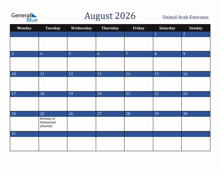 August 2026 United Arab Emirates Calendar (Monday Start)