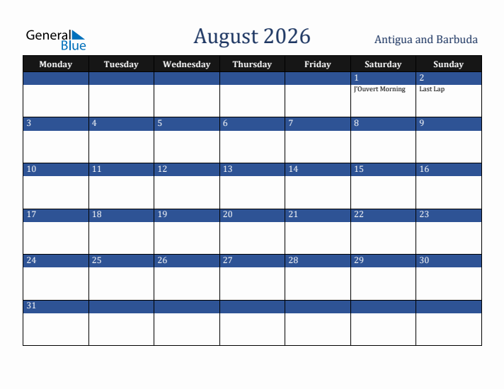 August 2026 Antigua and Barbuda Calendar (Monday Start)