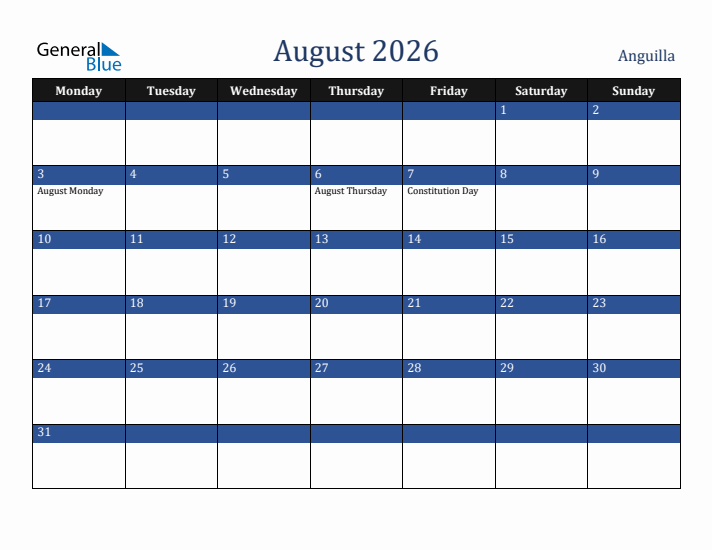 August 2026 Anguilla Calendar (Monday Start)