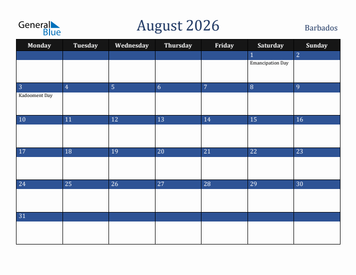 August 2026 Barbados Calendar (Monday Start)