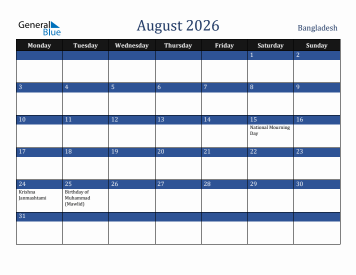 August 2026 Bangladesh Calendar (Monday Start)
