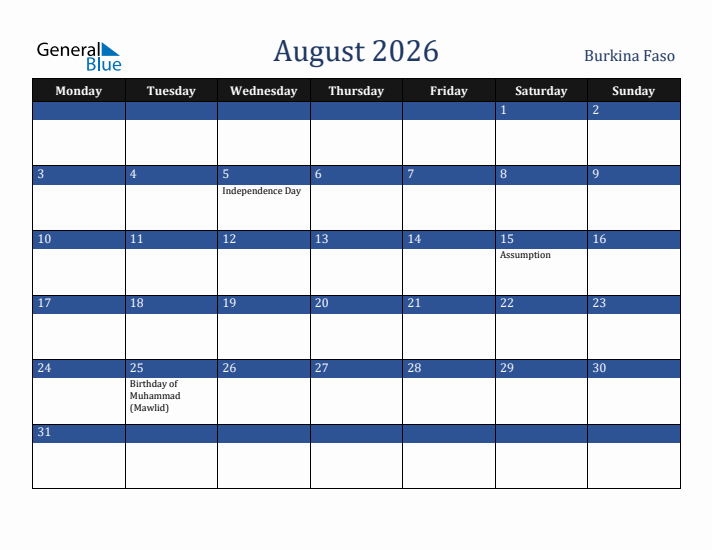 August 2026 Burkina Faso Calendar (Monday Start)