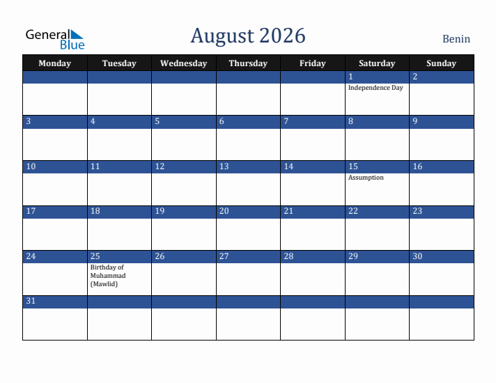 August 2026 Benin Calendar (Monday Start)