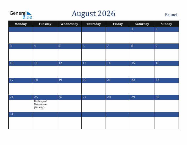 August 2026 Brunei Calendar (Monday Start)