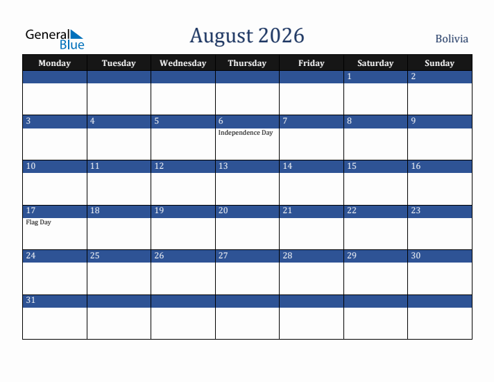 August 2026 Bolivia Calendar (Monday Start)